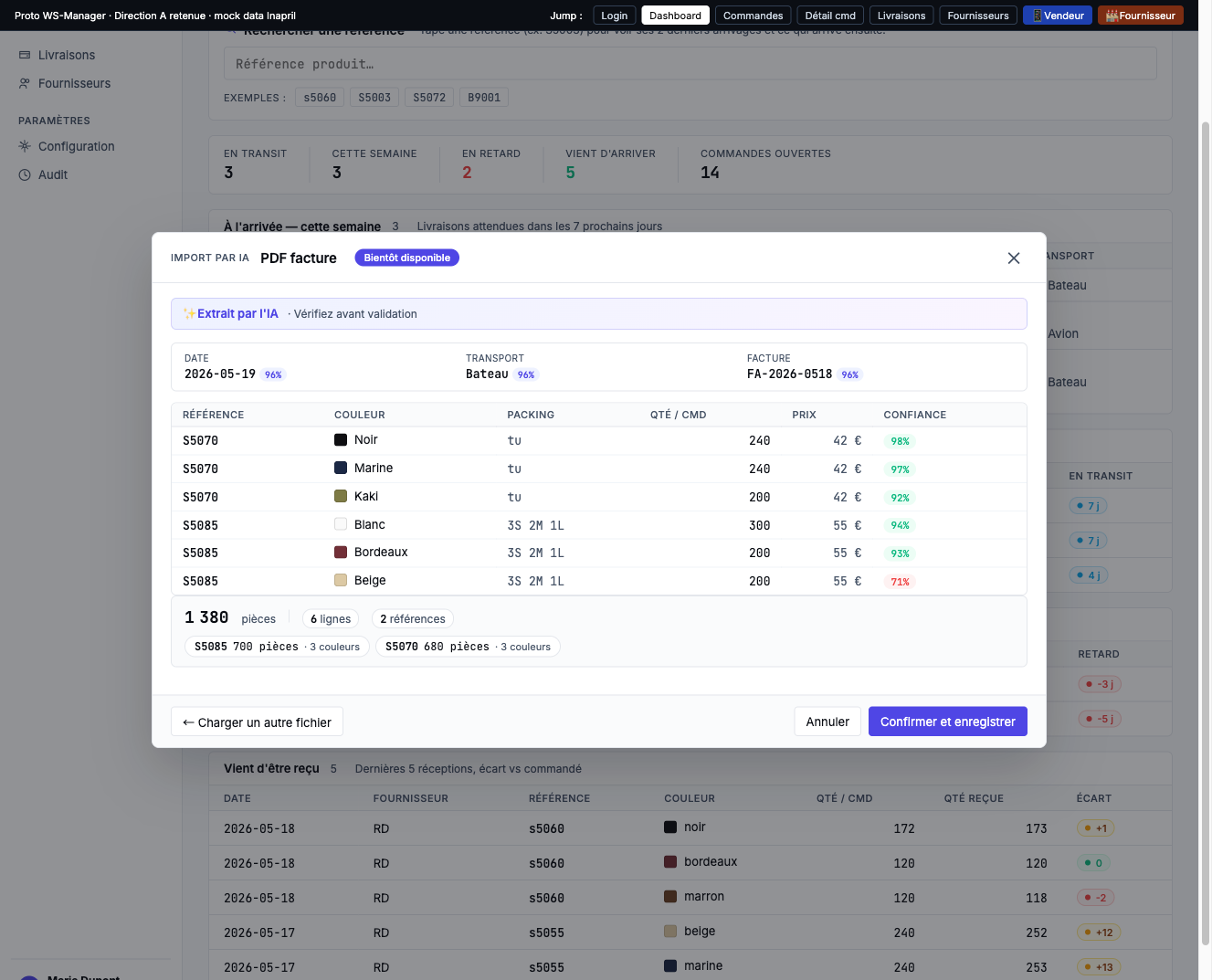 Aperçu d'une extraction IA avec scores de confiance par ligne